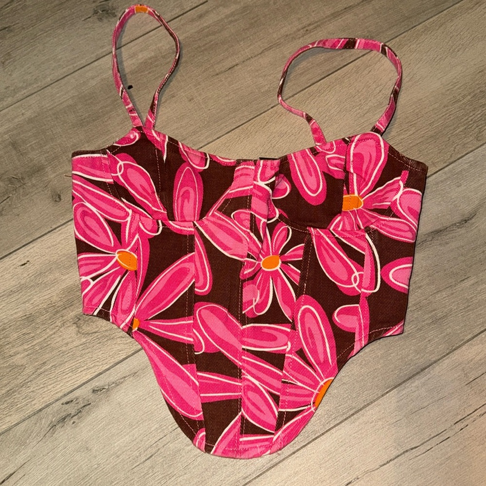 Pink Dipped Hem Flower Print Denim Corset